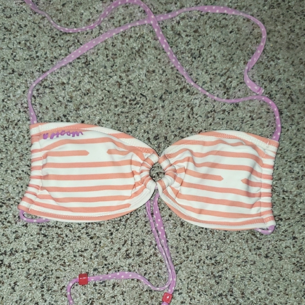 Volcom Striped Pink and White Bikini Swimsuit Top